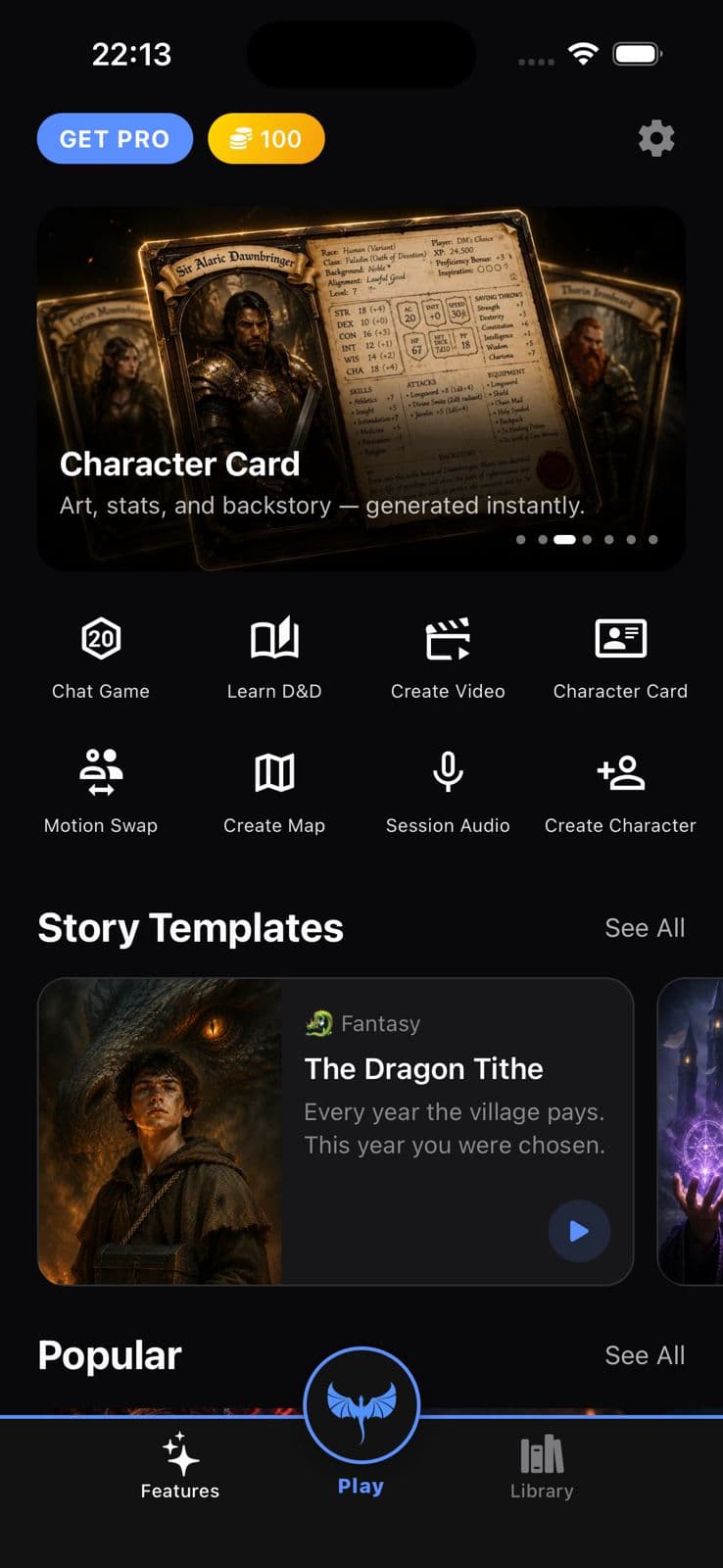 The DND AI home screen on iPhone, showing the character card feature, the in-app tools, and a list of story templates.